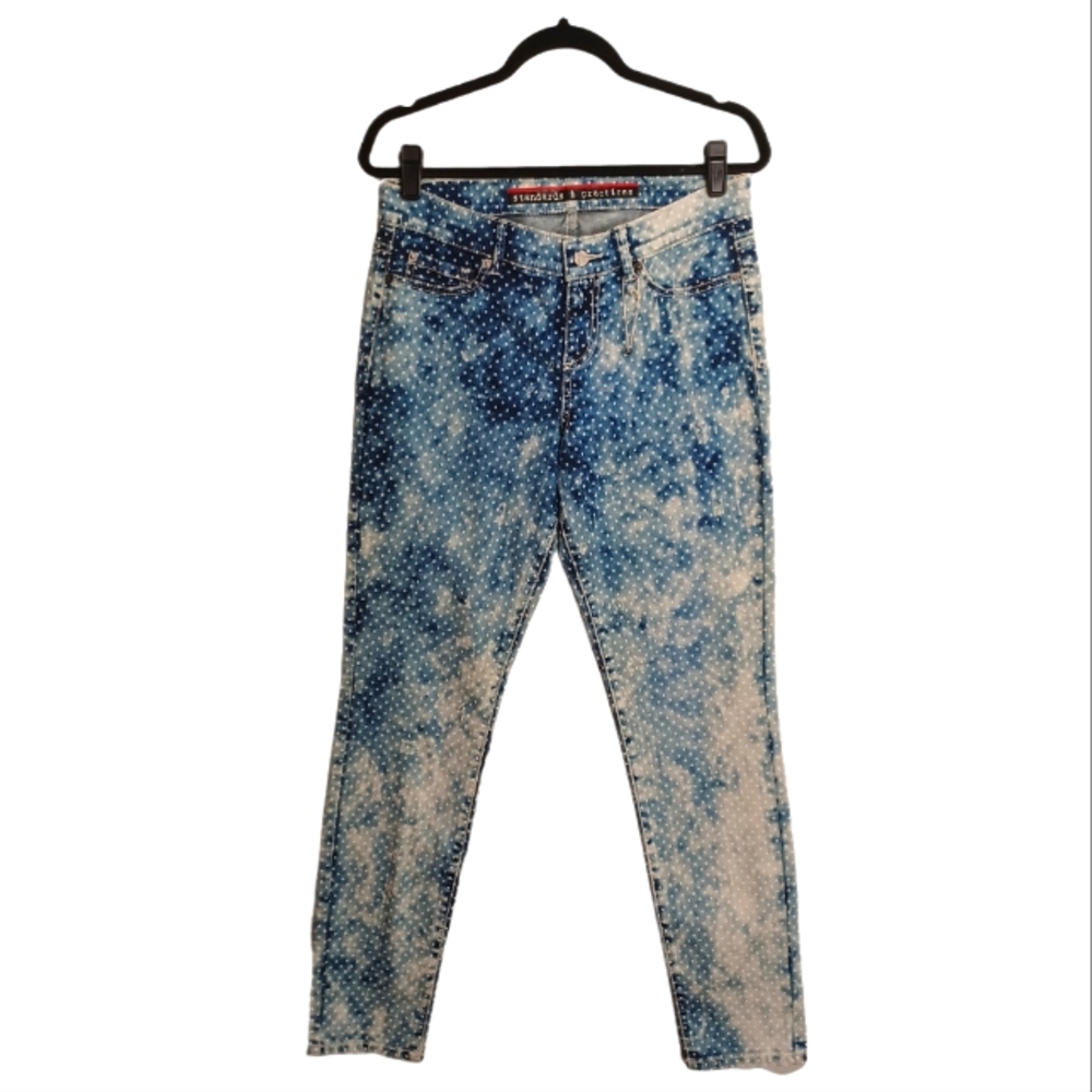NEW Standards & Practices Psycho White Polka Dot Print Skinny Blue Jeans 29
